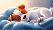 © ProPhotos - Curled up, the puppy sleeps soundly on a soft blanket, under a cozy cloth. cartoon style
