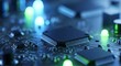© ERWIN - Intricate electronic circuit board with glowing blue and green lights, symbolizing advanced technology, data processing, and the future of computing and digital innovation