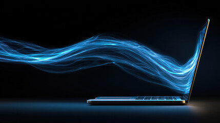 Wall Mural - sleek laptop emits vibrant blue light trails, symbolizing technology and innovation. dynamic flow of