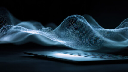Wall Mural - laptop with glowing waves of digital data flowing above it creates captivating visual of technology 