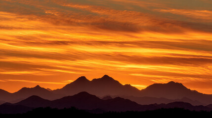 Wall Mural - breathtaking sunset over mountain silhouettes, showcasing vibrant orange and yellow hues against dra