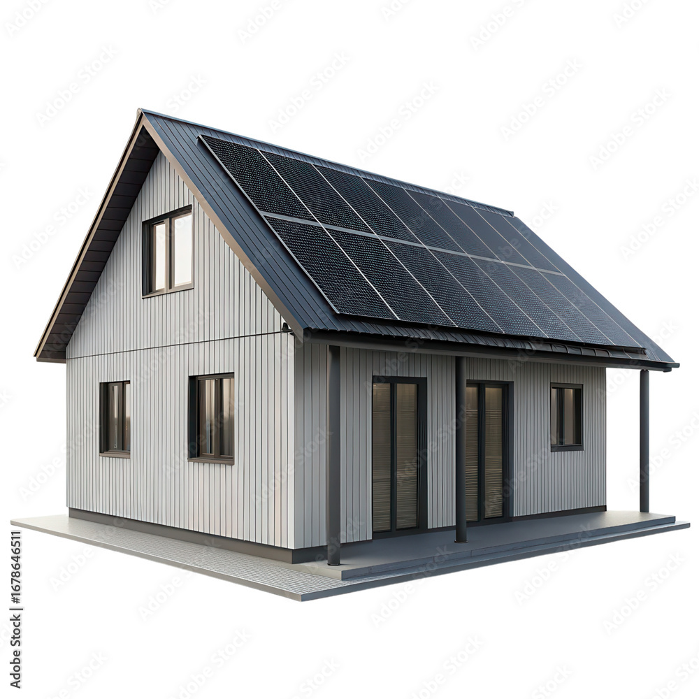 Picture of off grid eco home Modern house with solar panels and a distinct metal ...