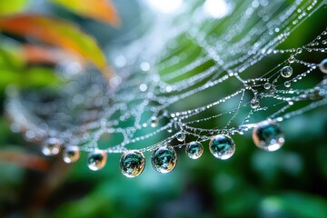 Closeup of a spiderweb with glistening water droplets reflecting blurred colors