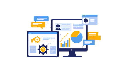 Data analytics concept with interactive charts and graphs on digital screens