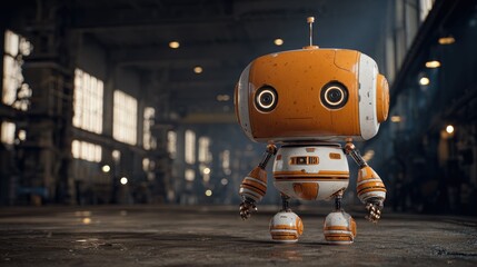 Orange robot in a large, industrial setting