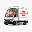 © Syed - A cheerful delivery driver in a red cap and uniform waves from the driver's seat of a white delivery van with a red circle logo that says 'DELIVERY'.