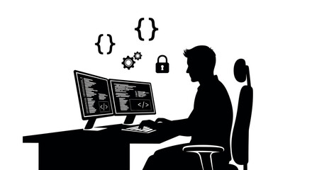 Silhouette of a programmer working on two monitors vector line art