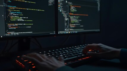 Programmer typing code on dual screens in the dark. Cybersecurity, programming, or IT work
