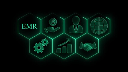 EMR indicator business finance concept. glowing animation. EMR text inside glowing neon circle with human icons. EMR glowing neon line performance icons concept.
