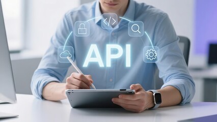 A businessman using pen on tablet with floating api icons for cloud, automation and connectivity, application programming interface, api programming