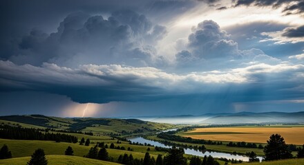  Dramatic storm clouds with lightning striking a rural landscape view