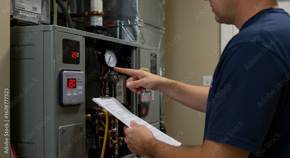 Boiler Checking A technician inspects a boiler system, checking a pressure gauge while ...