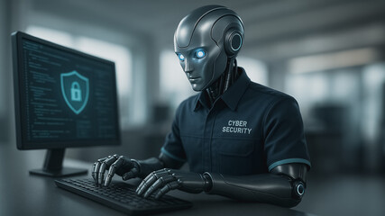 Digital Defender: A sleek, futuristic robot expertly navigates a computer interface, its glowing eyes focused on safeguarding data, reflecting the fusion of technology and security.