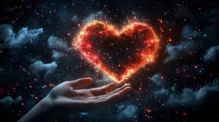 Wall Mural - Heart-Shaped Cosmic Design Featuring Celestial Nebulae and Bright Galaxies with a Human Hand