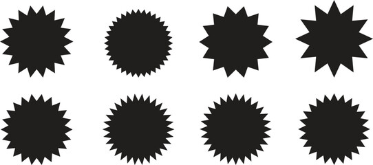Black Starburst icon set.Vector Stock Illustration. Different forms of stars, constellations.Circle starburst label shape for promo, sale, price offer badge sticker.Sale, promo label color design.