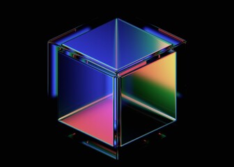 Wall Mural - Abstract iridescent cube on black background, 3d render
