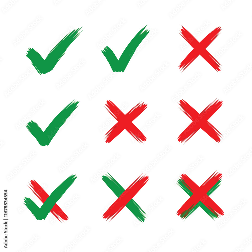 Collection of green check marks and red cross marks isolated on white ...