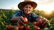 © Dulemegapixel - A joyful elderly woman in a straw hat gathers freshly picked tomatoes in a sunlit field, showcasing the beauty and fulfillment of rural life.