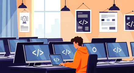 A young programmer diligently codes on his laptop amidst a row of computers in a modern, brightly lit workspace.
