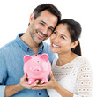 © Best Image - Happy couple holding a pink piggy bank isolated on transparent background