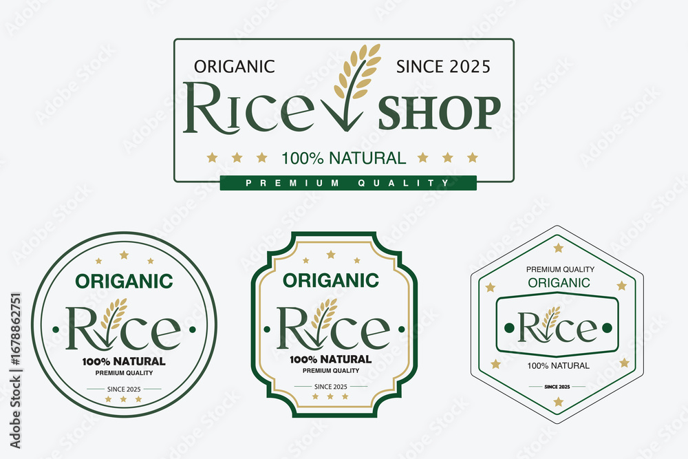Premium Organic Rice Logo Collection | 100% Natural Food Label Template ...