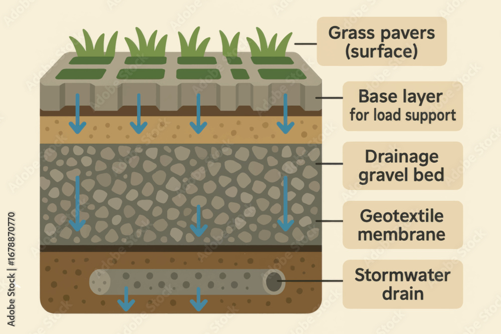 Vector cross-section diagram of permeable pavement layers showing grass ...