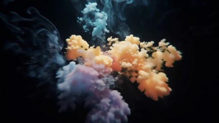 Wall Mural - Vibrant explosion of colorful ink clouds swirling in dark water, an abstract fluid art background