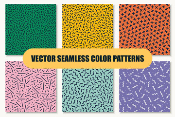 Wall Mural - Collection of vector colorful geometric seamless patterns with shapes and symbols. Repeatable unusual trendy backgrounds in fashion retro style 80-90s. Vintage endless prints