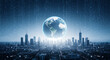 © Desti - Conceptual visualization of global business and technology, with a glowing digital Earth suspended over a modern city skyline amid data streams