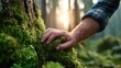 © Dulemegapixel - A close-up of a hand caressing lush green moss on a tree trunk, capturing the connection between humanity and nature and the serenity found in the forest's embrace.