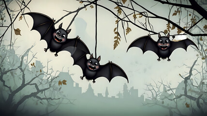 cute vector bats with tiny fangs hanging upside down from a spooky tree branch