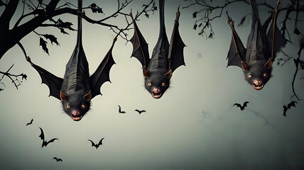 halloween background with bats, cute vector bats with tiny fangs hanging upside down from a spooky t