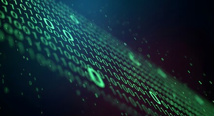 Abstract digital background showing a stream of glowing green binary code representing data and information.