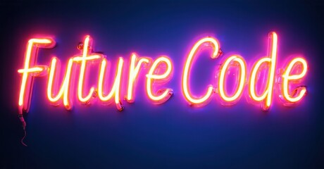 Bright pink neon sign displays Future Code against dark blue background. Modern aesthetic, vibrant illumination, simple design.