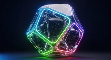 Abstract 3D rendering of a futuristic dodecahedron with neon lights and metal structure.