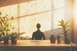 © hkjdesign - Woman sits at desk facing textured wall, bathed in warm sunlight, plants on wooden table.