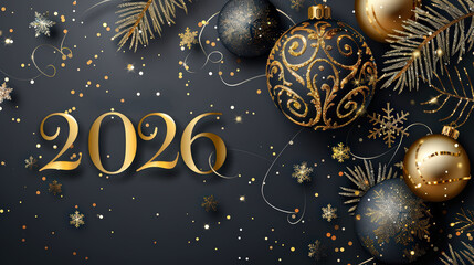 Wall Mural - golden 2026 in an ornate frame surrounded by snowflakes, pine branches, and glittery ornaments on a 