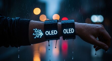 Person wearing flexible oled wristbands in the rain