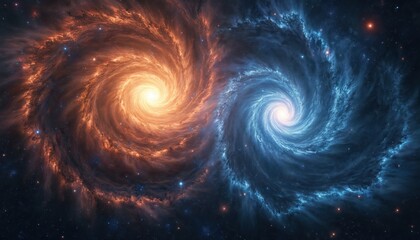 Wall Mural - Mesmerizing view of swirling nebulae, stars, two cosmic bodies in deep space. One galaxy fiery orange, icy blue. Infinite mystery, beauty captivate, representing universal harmony, exploration.