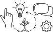 © DesignVectX - Conceptual innovation with light bulb, hand pointer, gear, speech bubbles, and plant growth vector illustration for creative idea and communication development