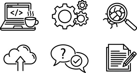 Technology and communication icons including laptop coding coffee gears cloud upload chat and document editing vector illustration