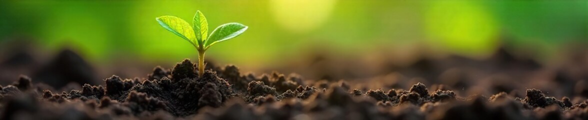 Close-up of a vibrant green sprout pushing through rich soil, sunlight illuminating its delicate leaves, signifying new growth and the power of nature's resilience , root, light
