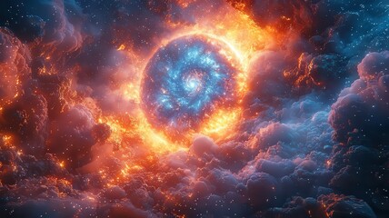 Wall Mural - vibrant cosmic spiral amidst fiery clouds, showcasin the beauty of the univers; perfect for science,