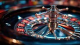 Bright lights illuminate a classic roulette table as players eagerly place bets, adding to the electric ambiance of the bustling casino during the evening hours.