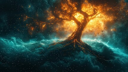 Wall Mural - majestic tree illuminated by fiery glow, rising fromvibrant cosmic waves, symblizing life and resili