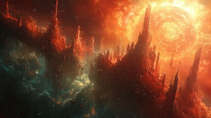 Wall Mural - vibrant cosmic landscape featuring fiery orange and eep blue hues, showcasing owering celestial form