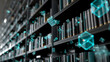 © happy - Digital Age Bookshelves: Modern digital transformation of the library with holographic cubes, enhancing the concept of a modern and virtual world of knowledge