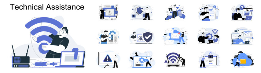 set of technical assistance vector illustrations, concepts for it support, system maintenance and cybersecurity solutions