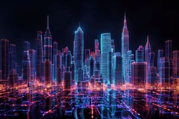 Wall Mural - Glowing wireframe of smart cityscape architecture backgrounds futuristic.