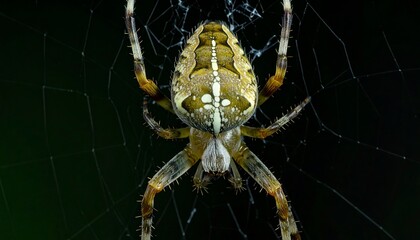 Close-up view of a large spider with intricate patterns on its body, centered within a detailed web against a dark backdrop.